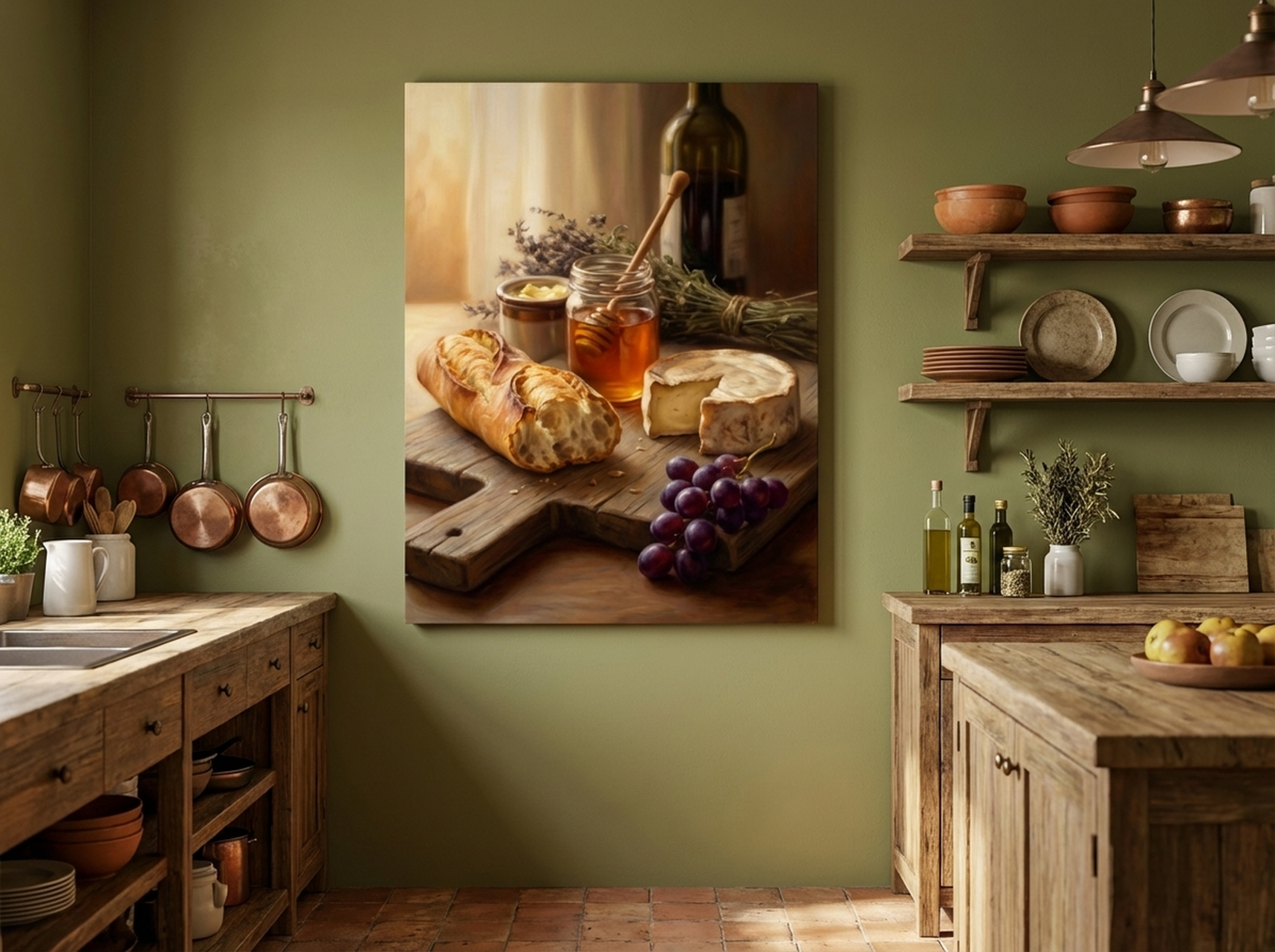 Bread and Cheese Still Life Canvas Wall Art in honey gold tonal oil painting style for kitchen