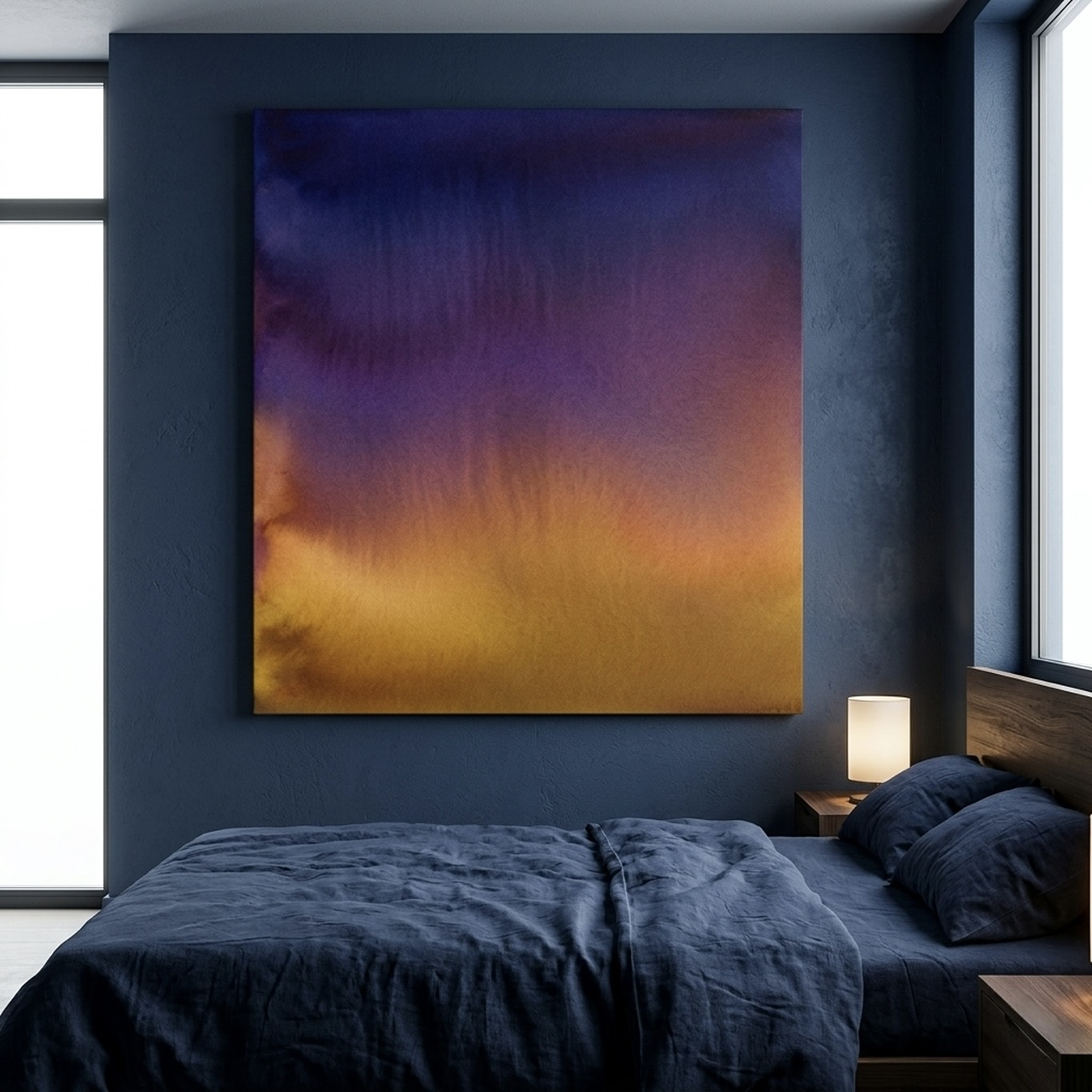 Twilight gradient abstract watercolor canvas with purple, pink, blue, and orange wash hung above a modern platform bed with grey linens