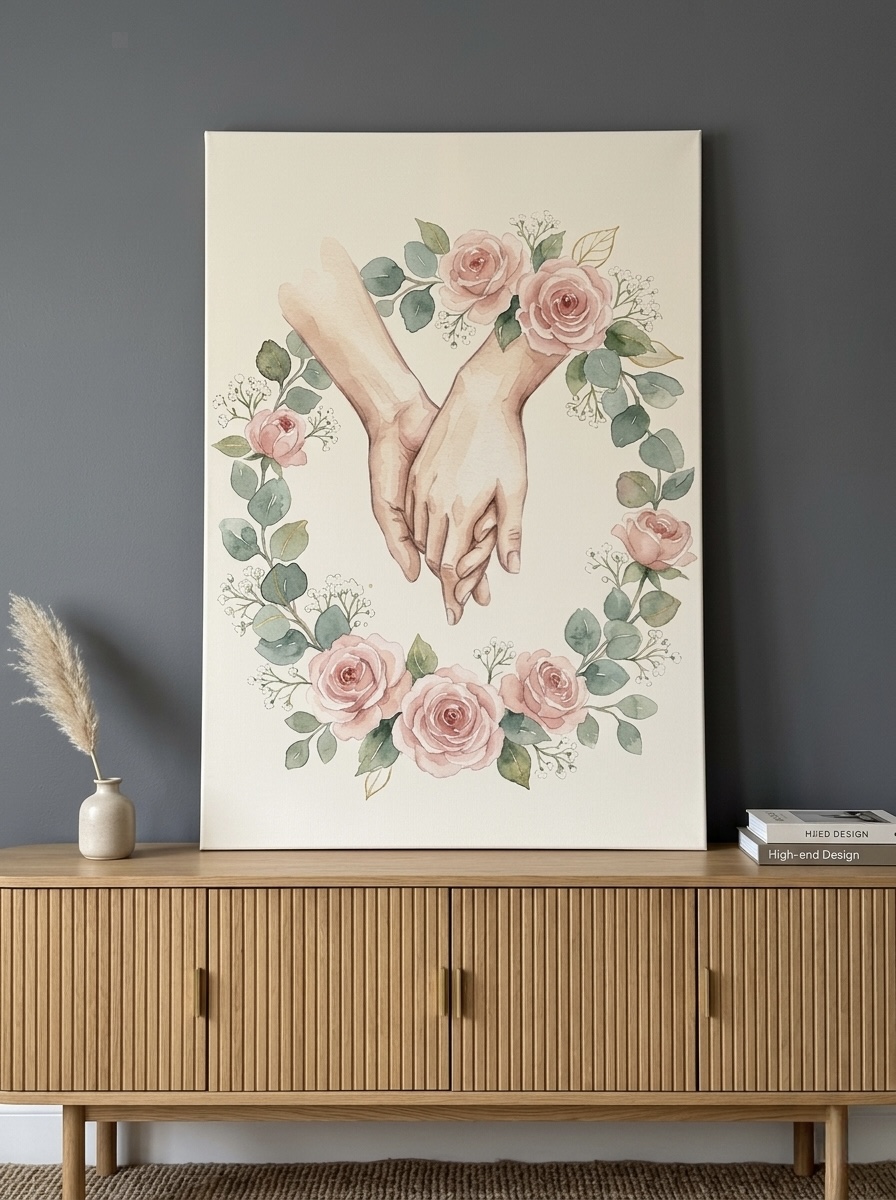 Two Hands Intertwined With Flowers watercolor canvas wall art in soft pink, sage and tan tones styled above a wooden bench as a fifth anniversary gift idea