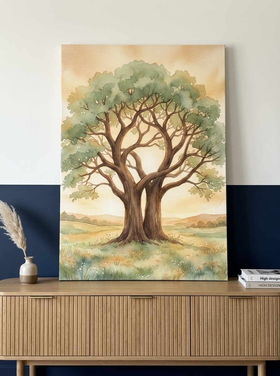 Two Trees Growing Together intertwined soft watercolor landscape canvas in cream, beige, sage, and gold for a couples bedroom