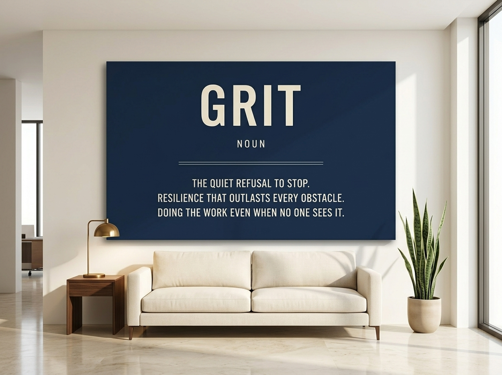 Grit definition motivational typography canvas wall art in navy and cream above a student desk