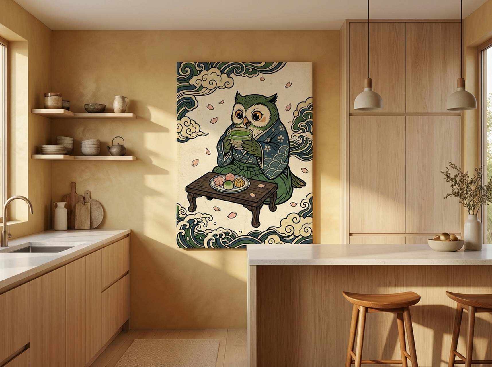 Japanese ukiyo-e owl matcha canvas wall art in matcha green displaying proper eye-level gallery placement in a cozy room