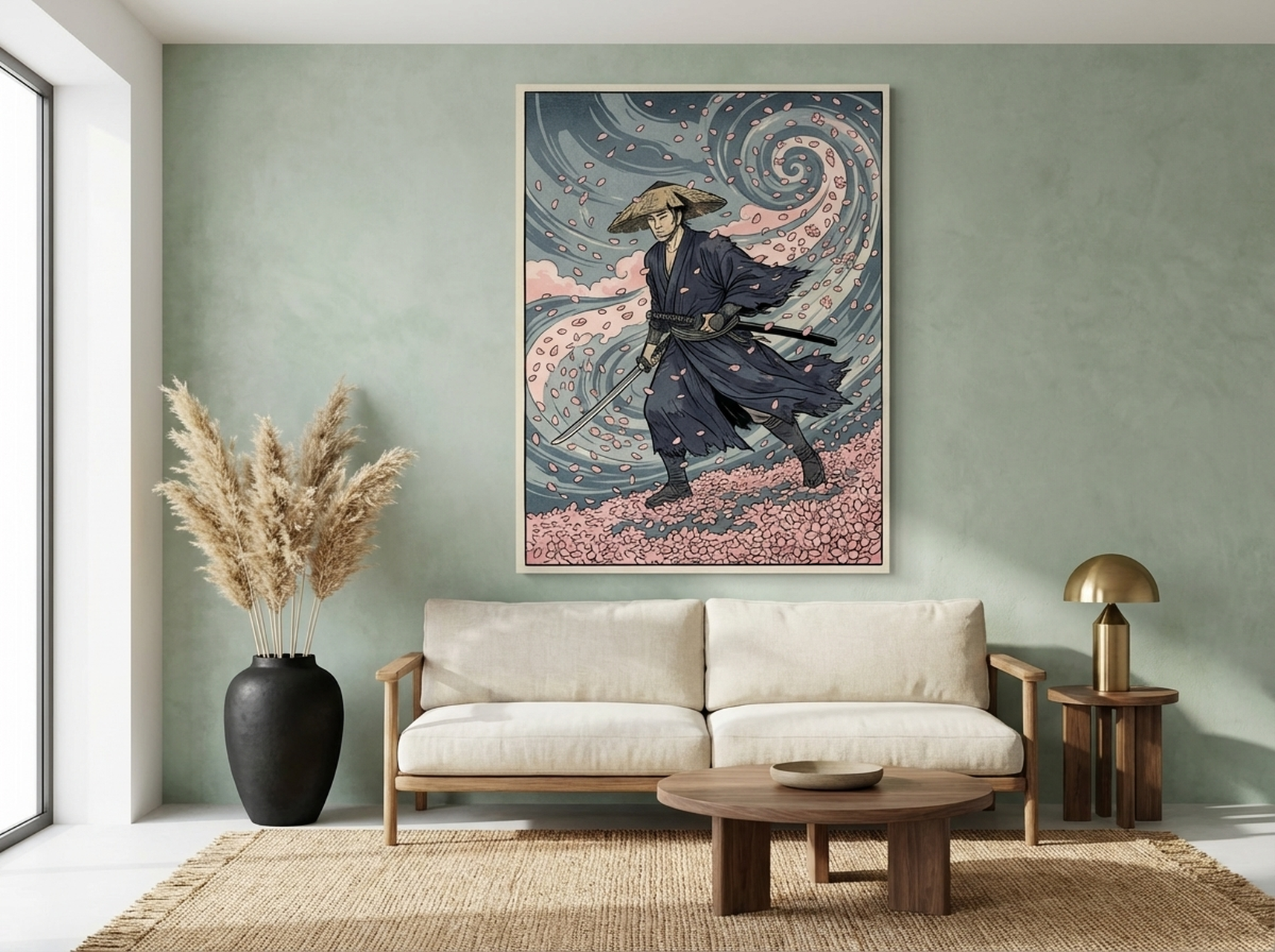 Ronin samurai with cherry blossom ukiyo-e Japanese canvas wall art in grey and pink tones