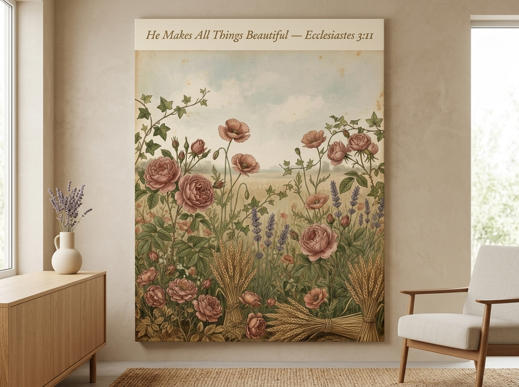 Vintage botanical Ecclesiastes wildflower canvas art in dusty rose tones on a farmhouse wall