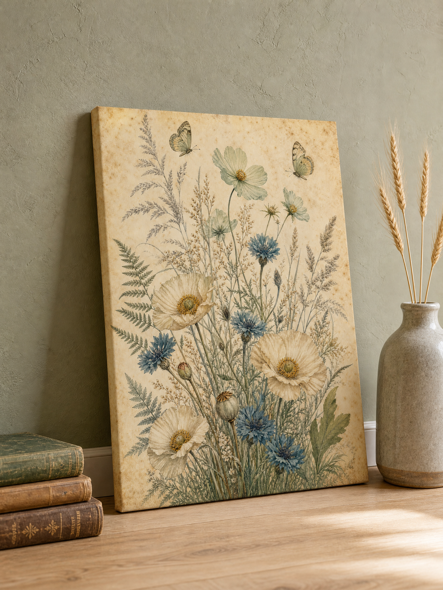 Vintage Cornflower Butterfly botanical watercolor canvas in cream, teal blue and sage hung above a wooden library desk with a brass lamp