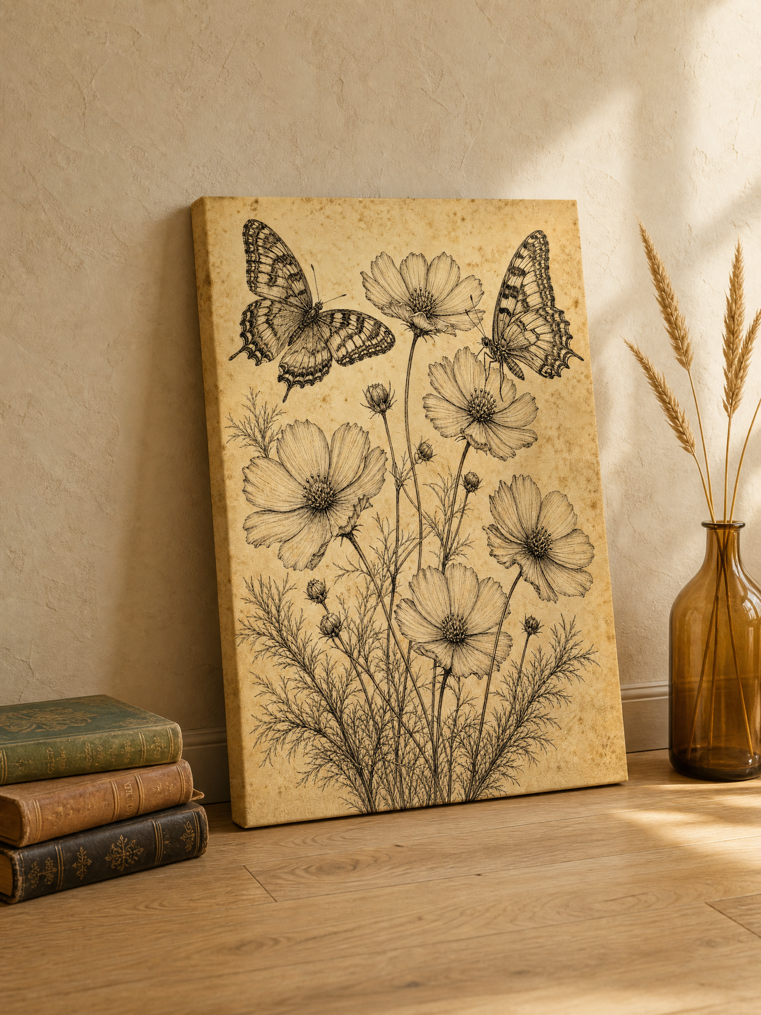 Vintage Cosmos Butterfly pen and ink sketch canvas in sepia, cream and umber tones hung in a sunlit library beside a row of leather-bound books