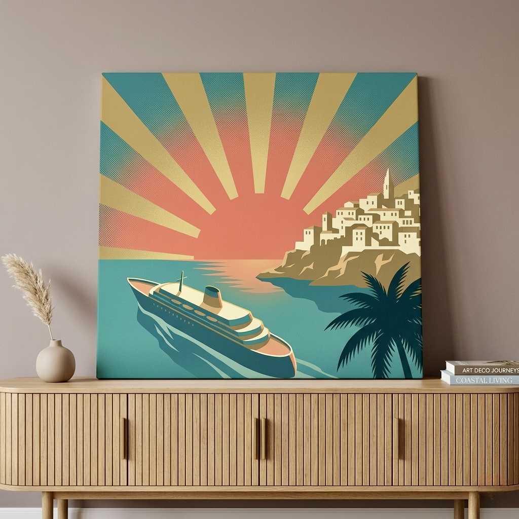 Vintage Cruise Ship Mediterranean Canvas Wall Art in dining room setting