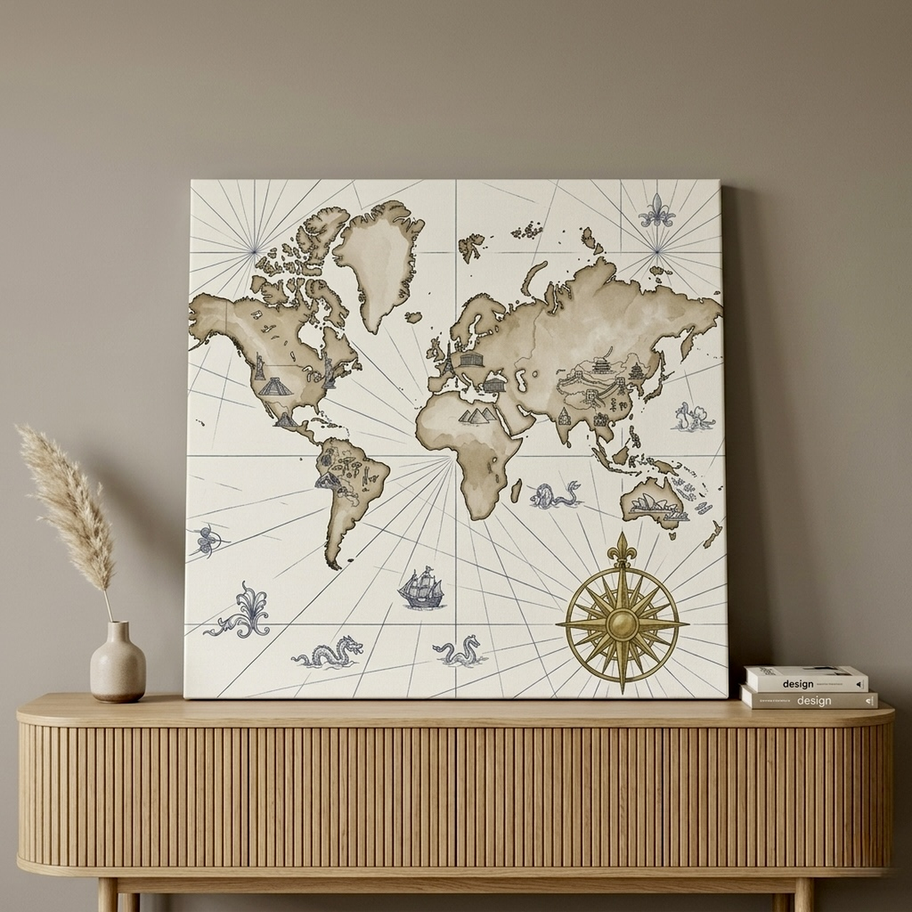 Vintage World Map Canvas Wall Art with antique compass rose design in study
