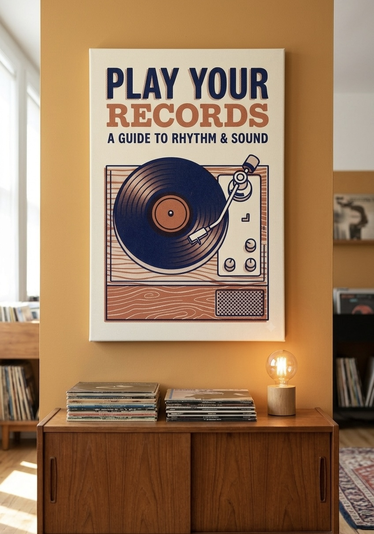 Vinyl Record Player Canvas Wall Art displayed in a cozy home setting