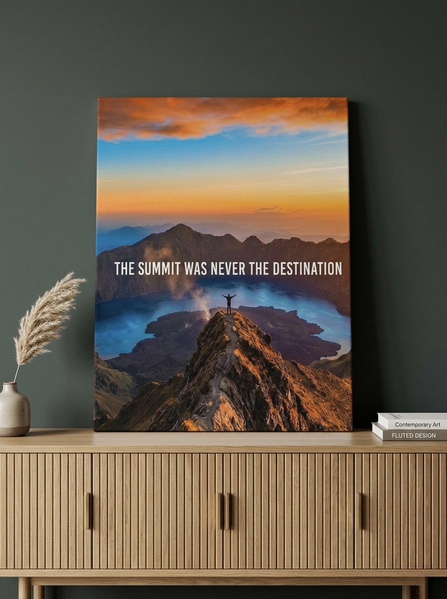 Volcano landscape canvas wall art in a room, showing nature art sizing for feature walls