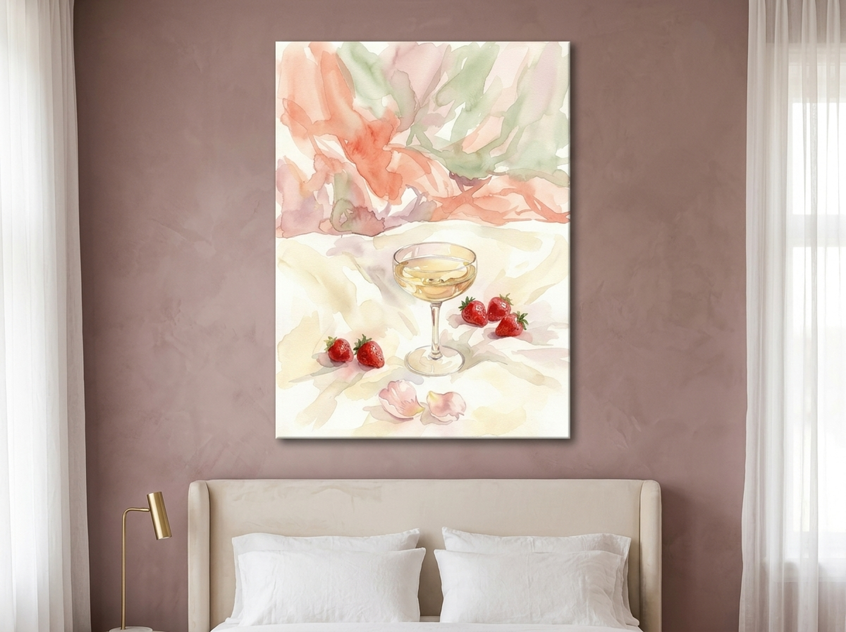 Champagne and strawberry watercolor canvas art with soft blush tones hanging in a romantic bedroom