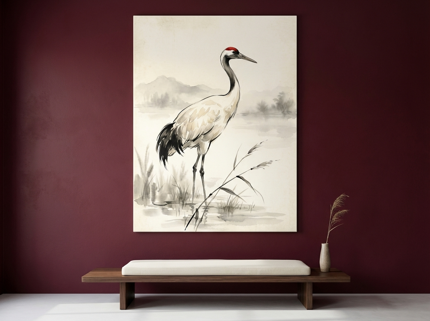 Japanese red crown crane watercolor canvas wall art in soft grey tones