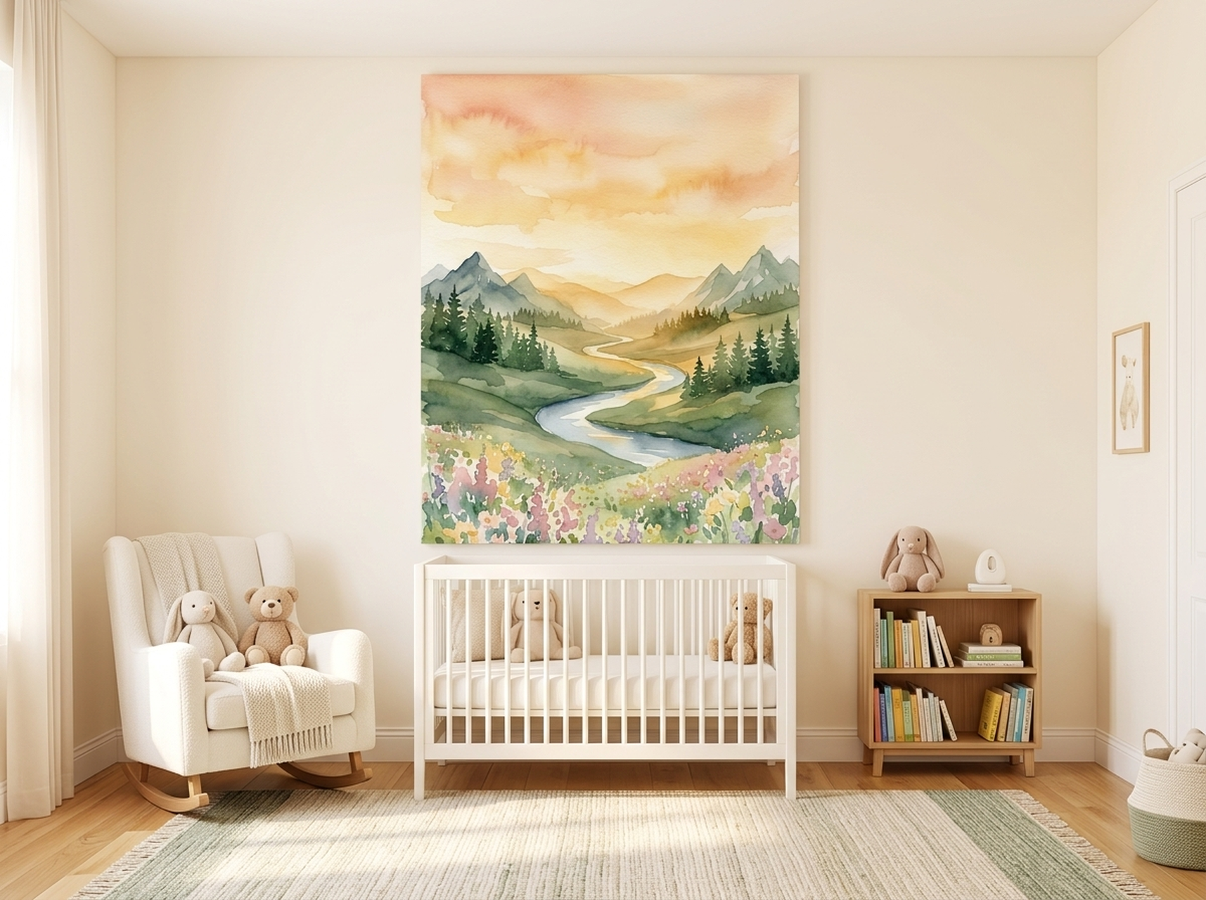 Rolling Hills Sunrise Canvas Wall Art hanging on a wall in a beautiful room