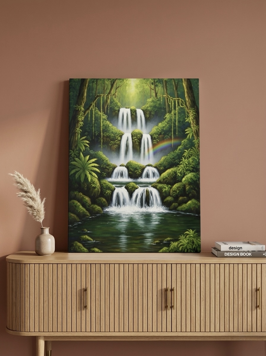 Waterfall Canvas Wall Art, vertical tropical forest painting with green foliage and falling water styled in a zen bathroom