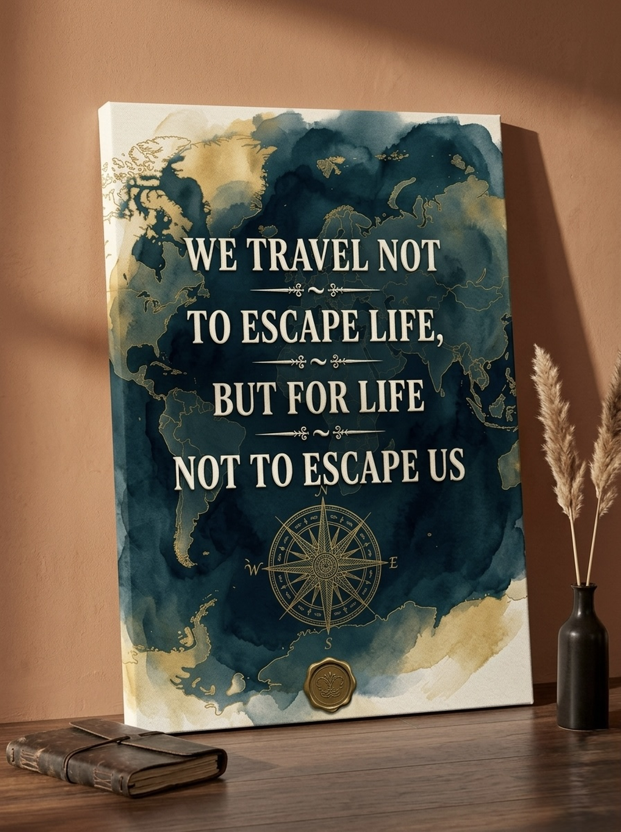 We Travel Not To Escape Life Canvas Wall Art, teal travel quote framed print for a wanderlust grad's first apartment