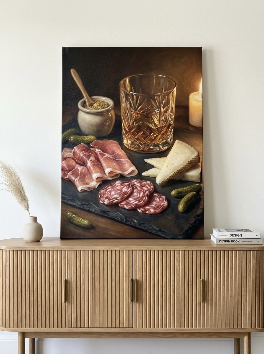 Whiskey and charcuterie classical still life canvas in black gold and brown framed print in an elegant moody dining room