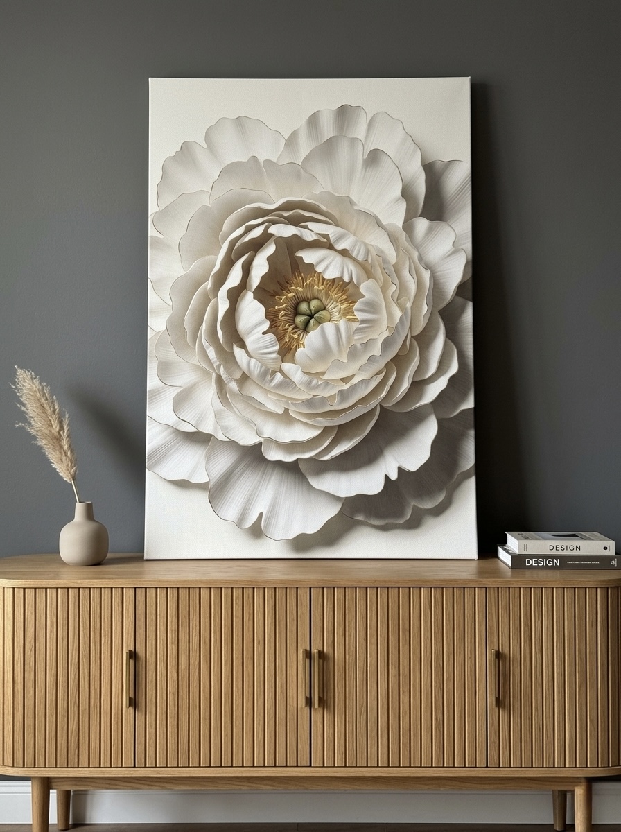 White Peony Bloom Canvas Wall Art elegant single bloom floral print with soft cream and gold accents displayed on a millennial pink bedroom wall