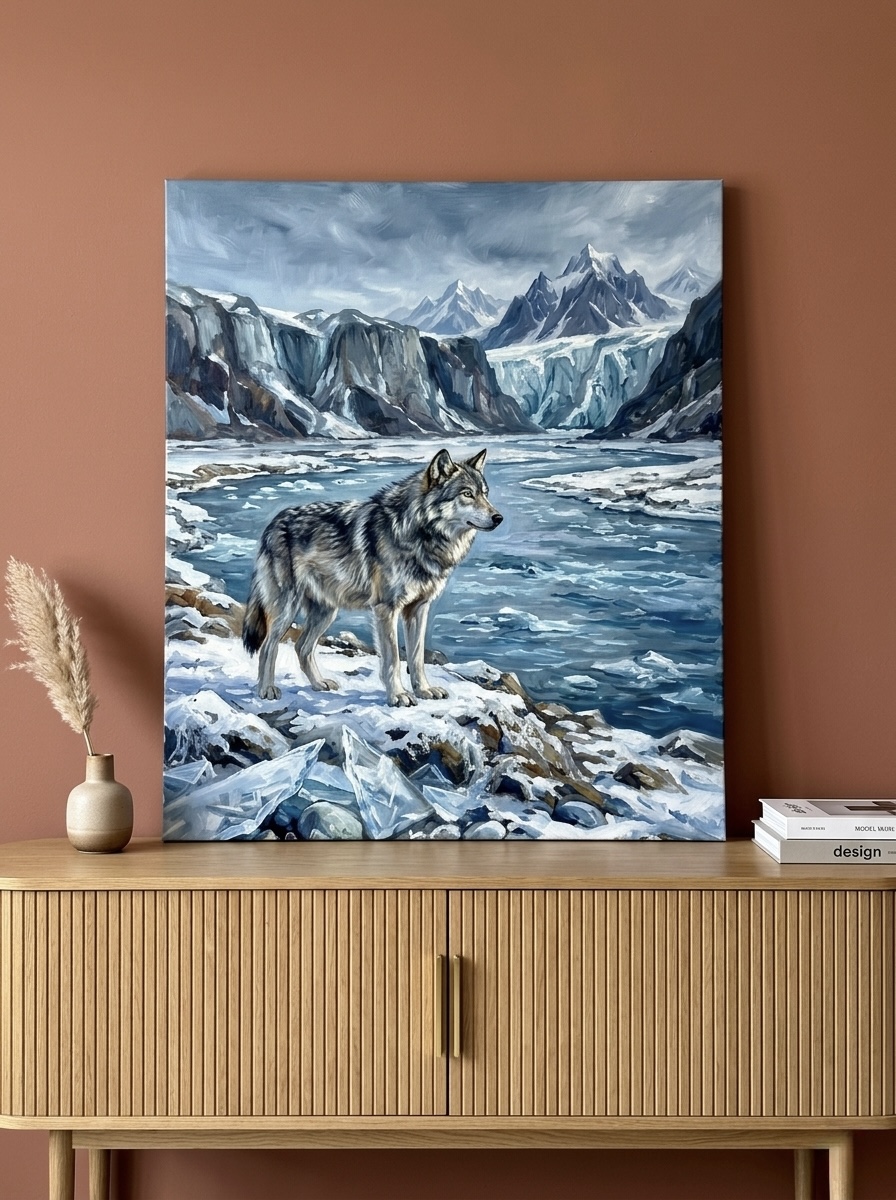 Grey Wolf Glacier Mountains canvas in blue, white, gray and cream, hung above a cream sofa in a Pacific Northwest style living room with natural wood floors and a sheepskin throw
