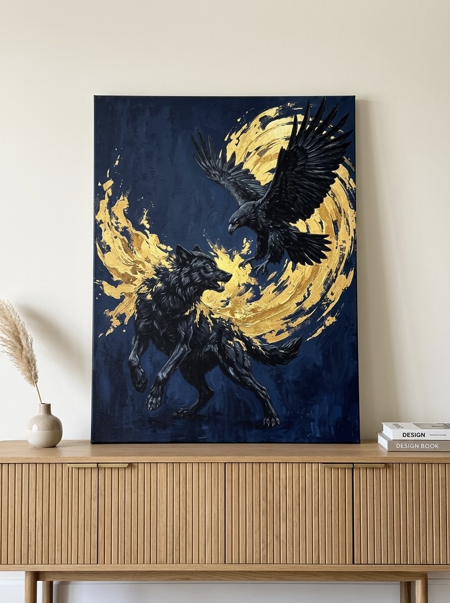 Wolf Eagle painterly navy and gold canvas with mythic composition, hung in a luxe study with deep oxblood walls, brass picture light, and black leather chair