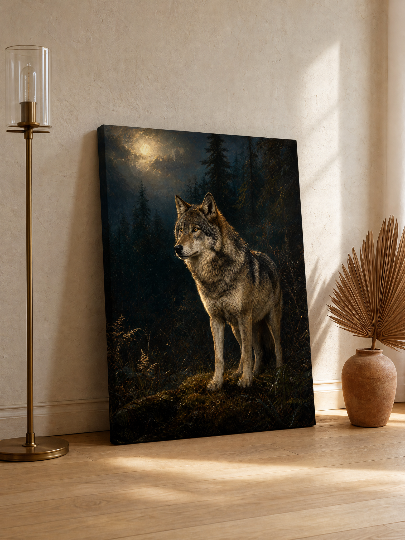 Wolf In Moonlit Forest classical oil painting canvas in warm amber, umber and charcoal, hung above a dark wood console with a brass lamp in a traditional living room
