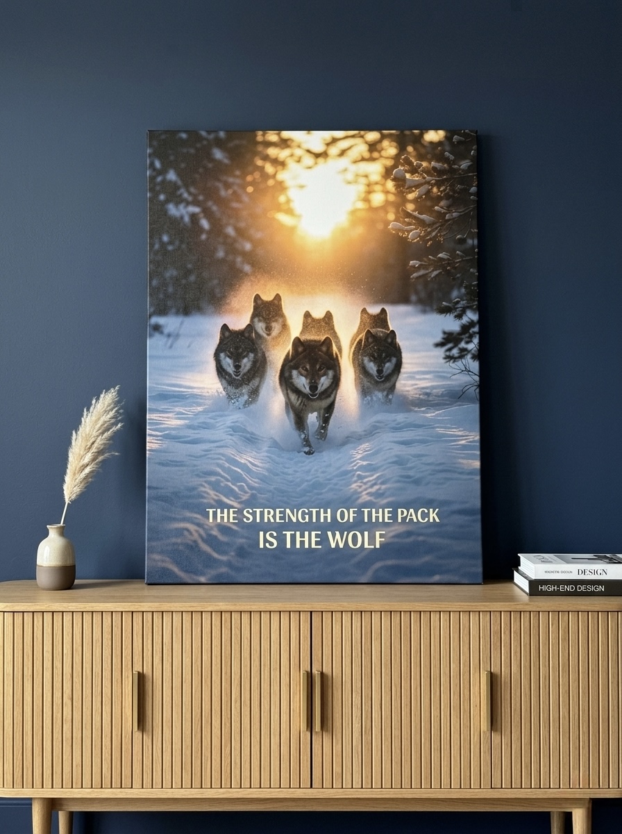 Wolf Pack atmospheric wildlife canvas in navy, gold, brown and cream, hung behind a leather desk chair in a home office with brass desk lamp and walnut bookshelves