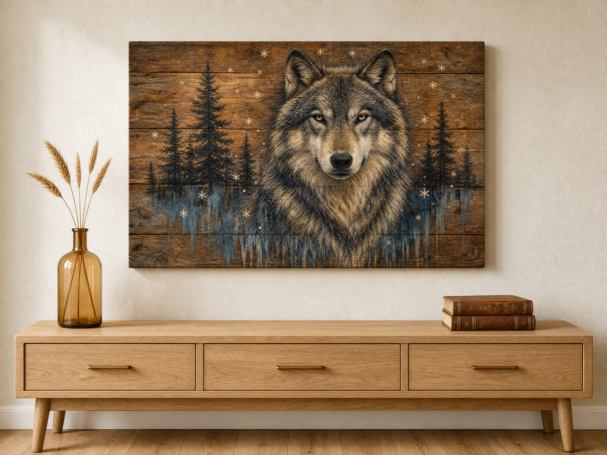 Wolf On Rustic Wood mixed media canvas in chestnut, charcoal, cream and slate blue, hung above a stone fireplace in a cabin living room with wool throw and antler accents