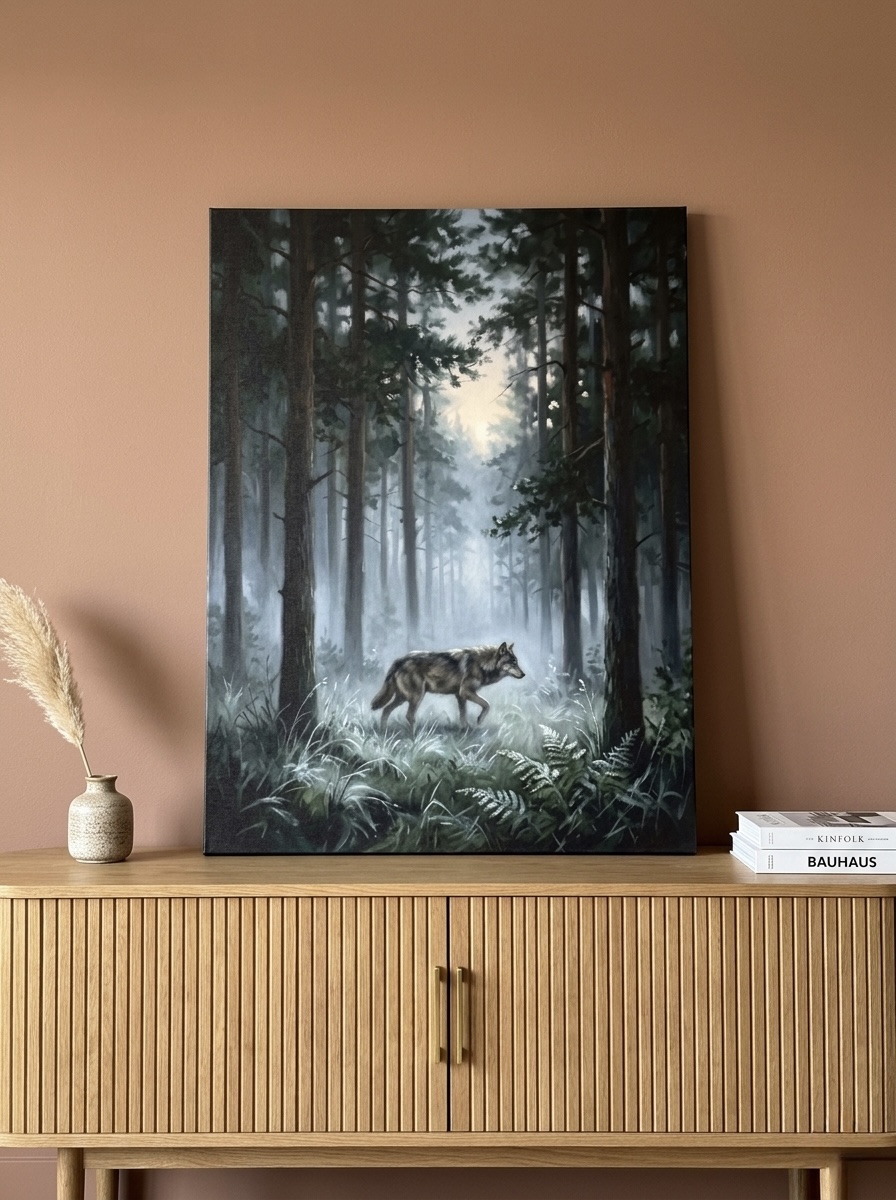Wolf Atmospheric Moonlit Forest painting canvas in cool charcoal, blue and silver, hung in a moody bedroom above a black bed frame with cream linen sheets