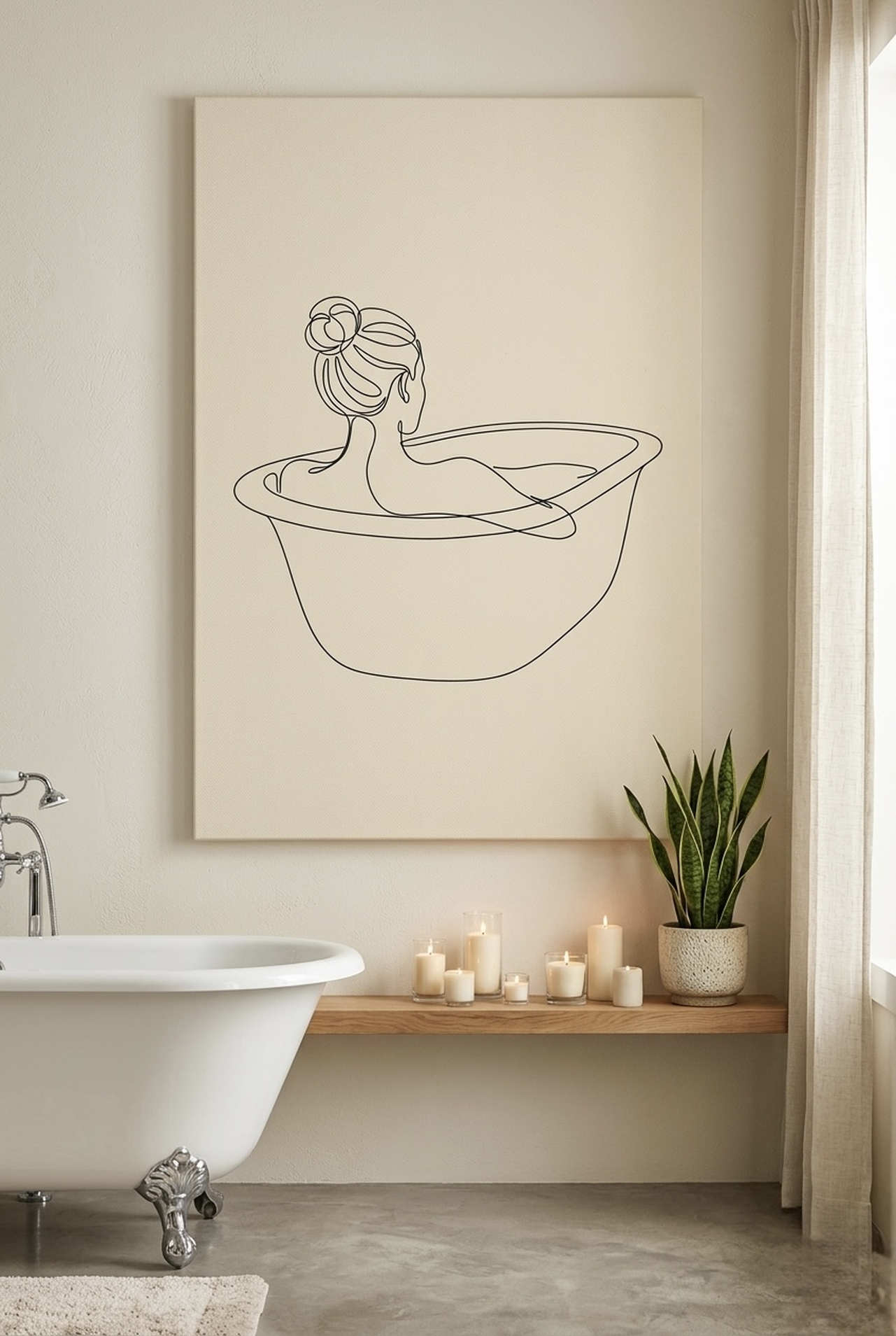 Woman in bath minimalist line art canvas displayed in a modern styled room