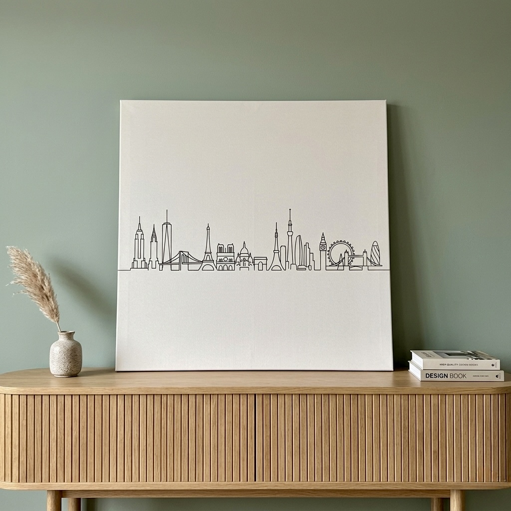 World landmarks skyline minimalist line art canvas in black and white shown above a console in a modern loft