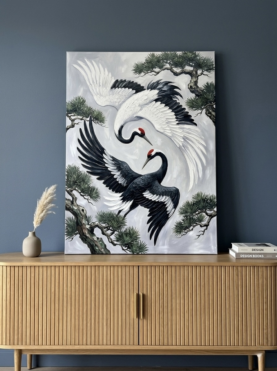 Yin Yang Cranes canvas wall art with two Japanese ink cranes in black, white, and red, hung in a meditation room