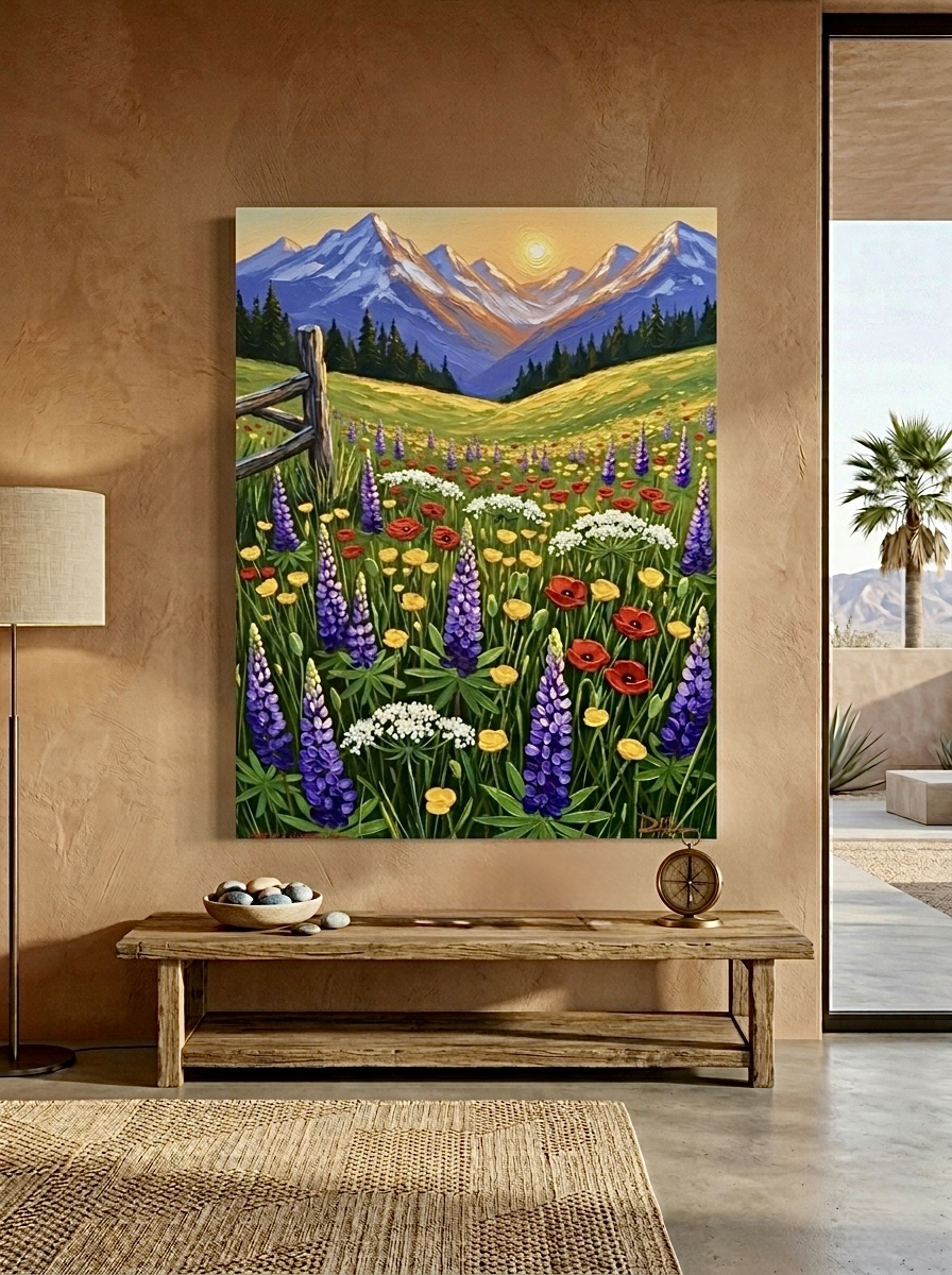 Wildflower meadow mountain landscape oil painting canvas wall art, large canvas print for living room