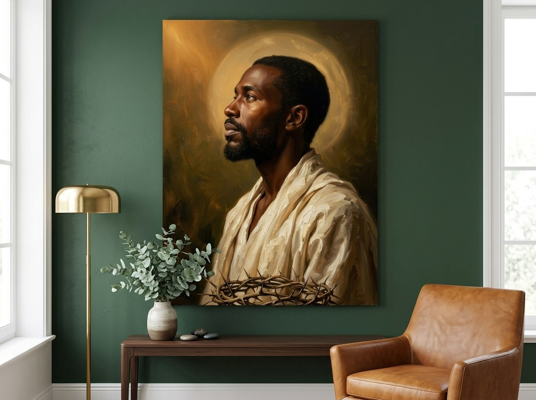 Black Jesus portrait canvas wall art with expressive spiritual brushwork on dark background
