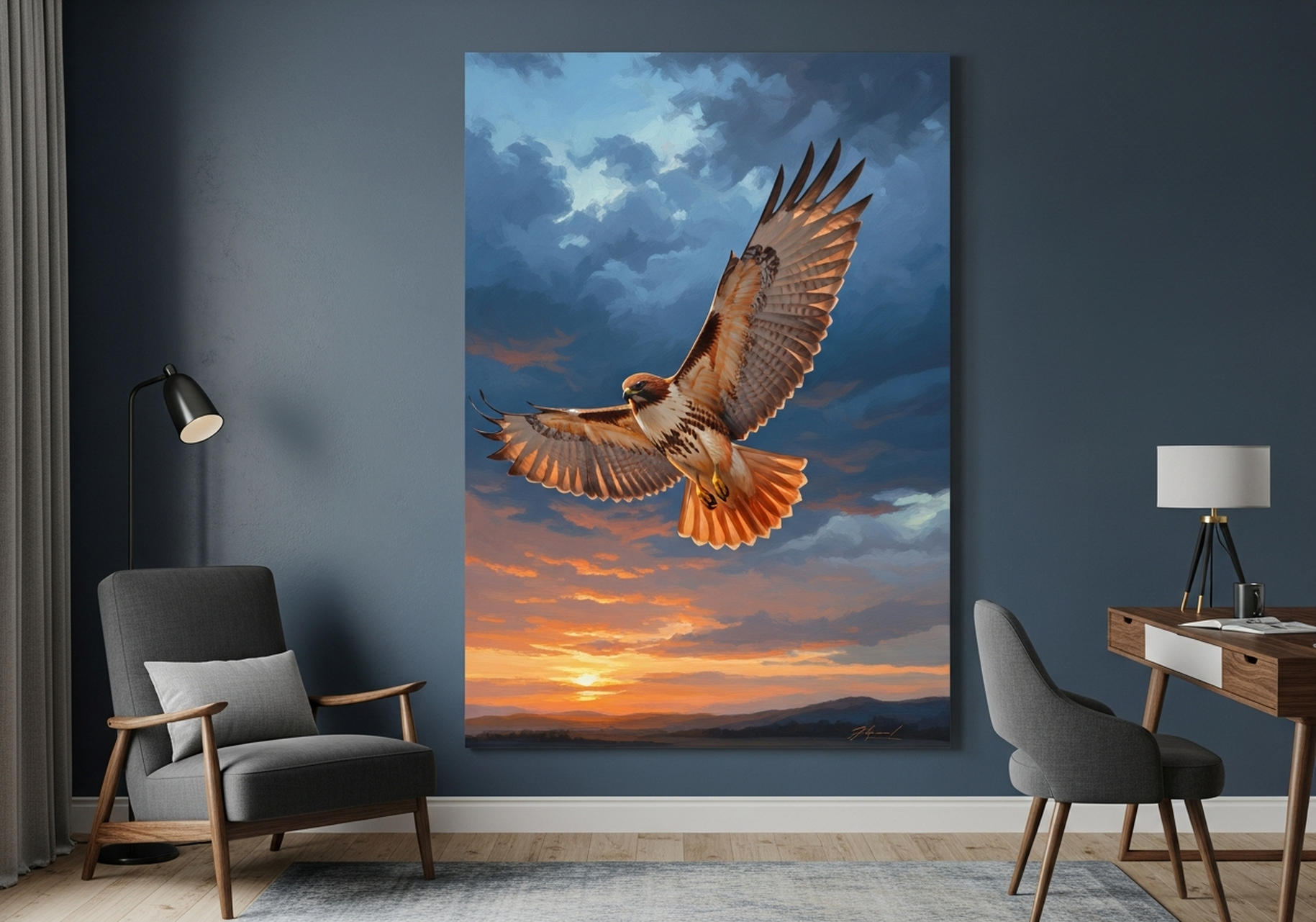 Red Tailed Hawk Canvas Wall Art - soaring raptor oil painting in amber and gold tones