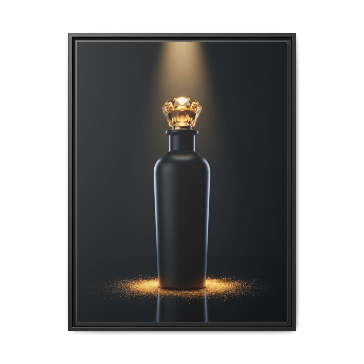 Perfume bottle canvas wall art in black and gold luxury style displayed in modern living room