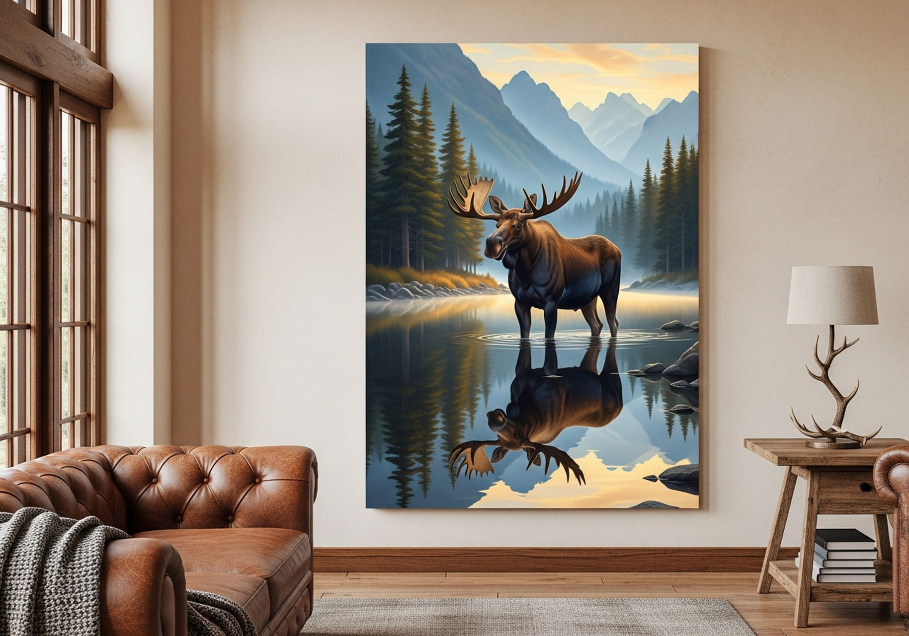 Moose Mountain Lake Canvas Wall Art shown in a living room - example of canvas art displayed in a home space
