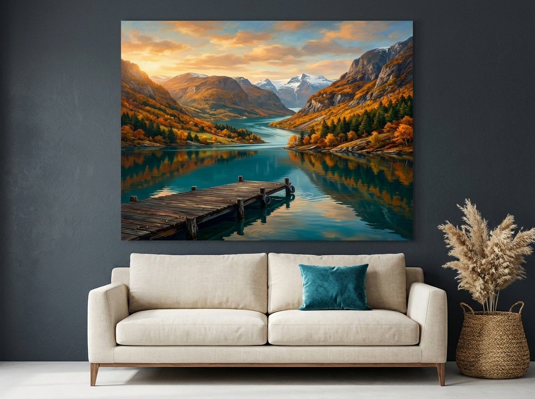 Norwegian Fjord Mountain landscape canvas wall art with cool blue and green tones, framed painting print