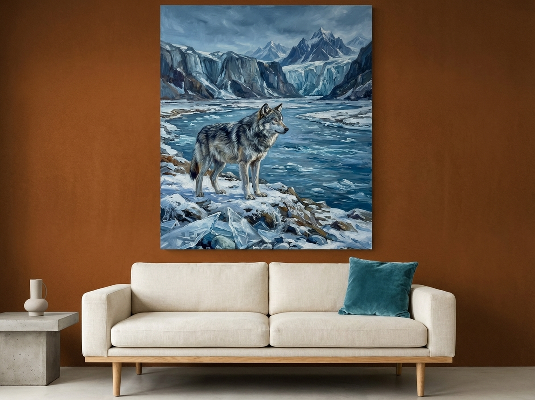 Wolf Canvas Wall Art depicting a grey wolf standing before glacier mountains in misty cool tones