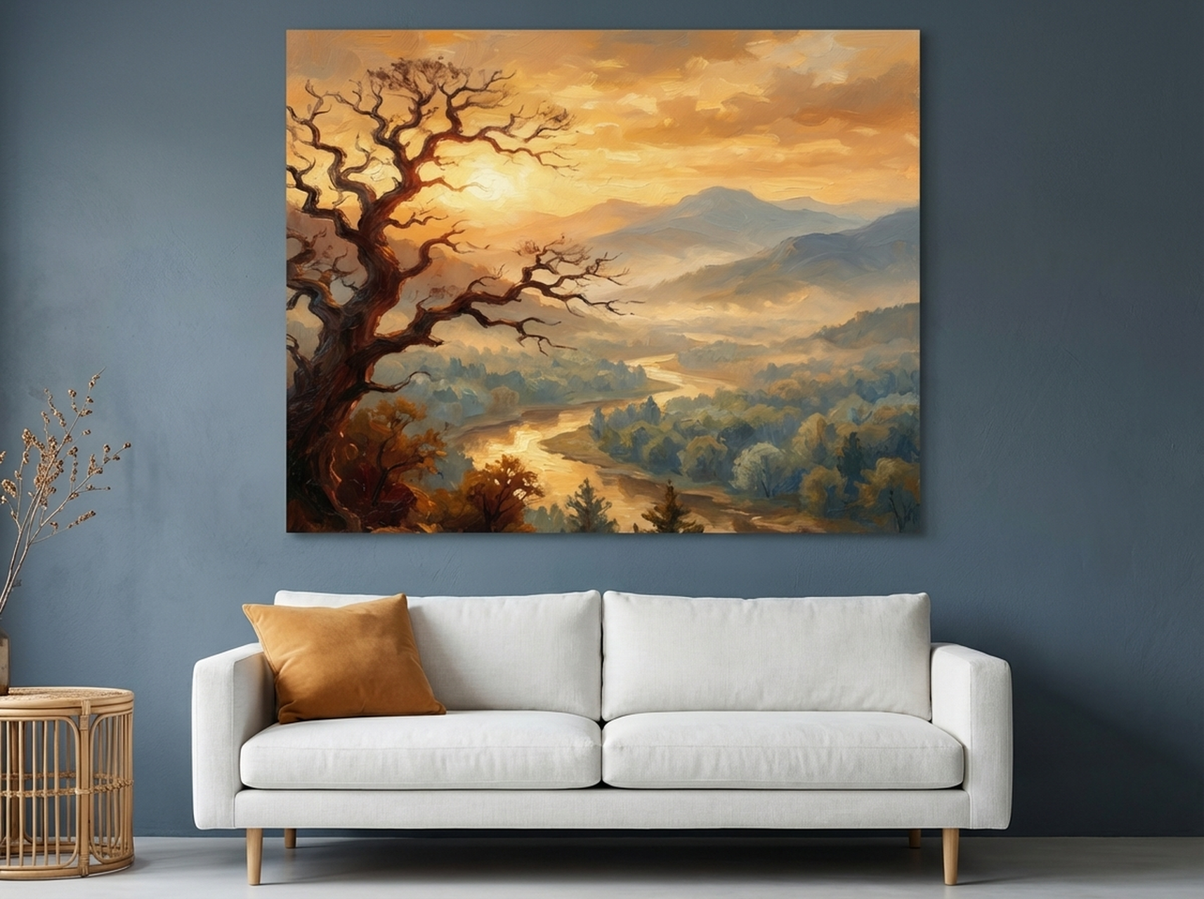 Misty Valley Landscape canvas wall art with amber morning river and green nature scene, framed for living room decor