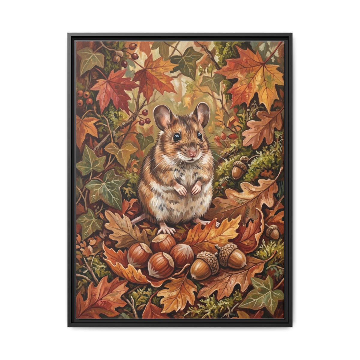 Wood mouse canvas wall art with autumn leaves in a home setting