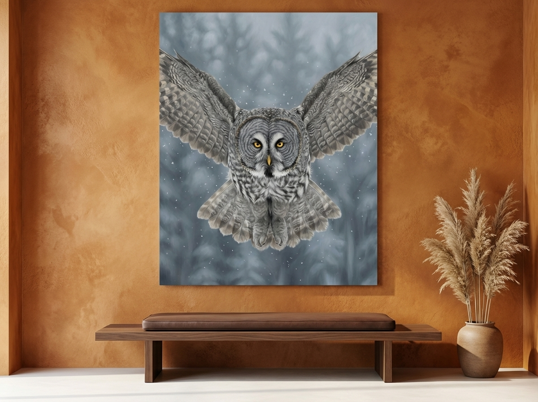 Great Grey Owl in flight wildlife canvas wall art ,  framed nature print for study library