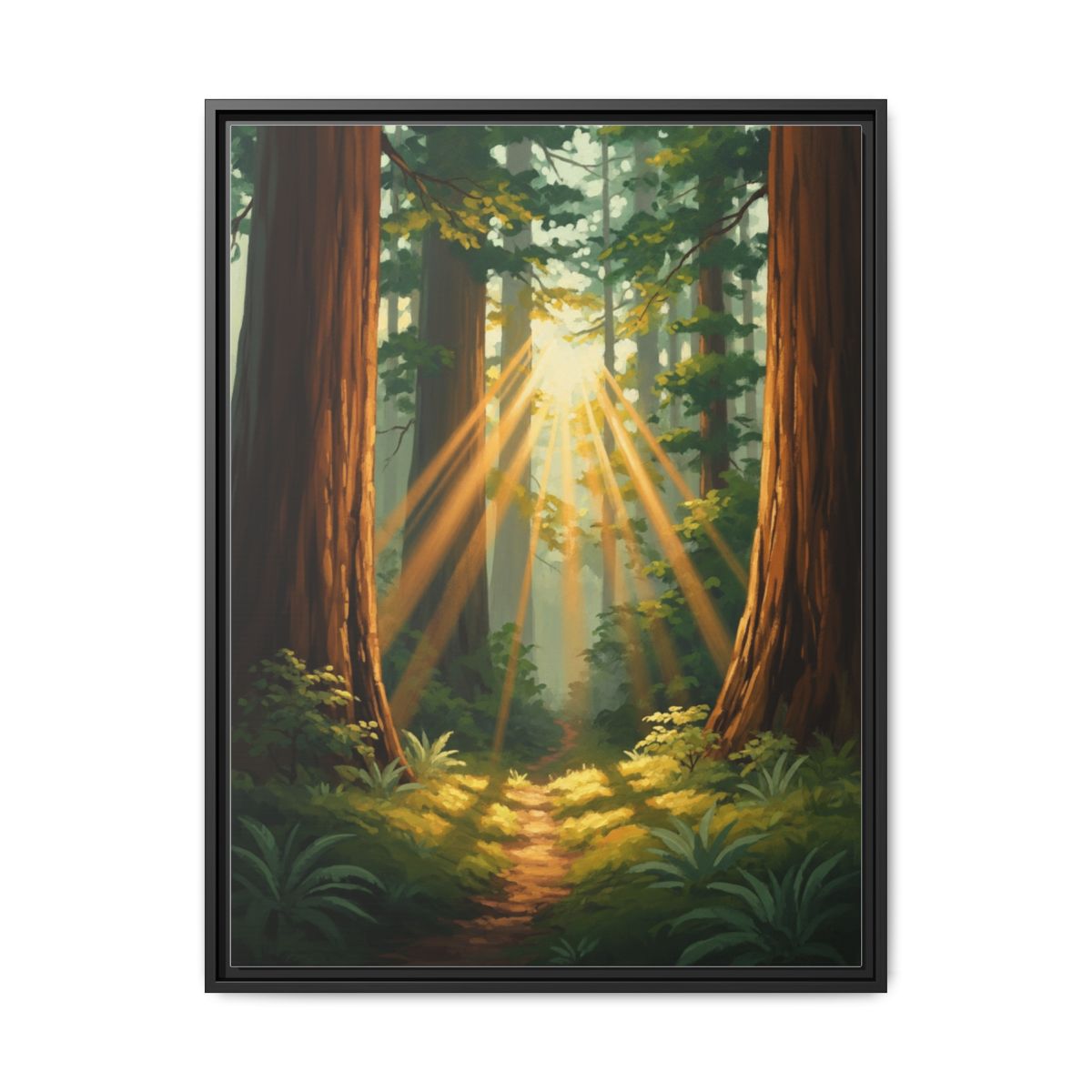 Sunbeam Forest Canvas Wall Art showing old growth redwood trees with golden light filtering through canopy