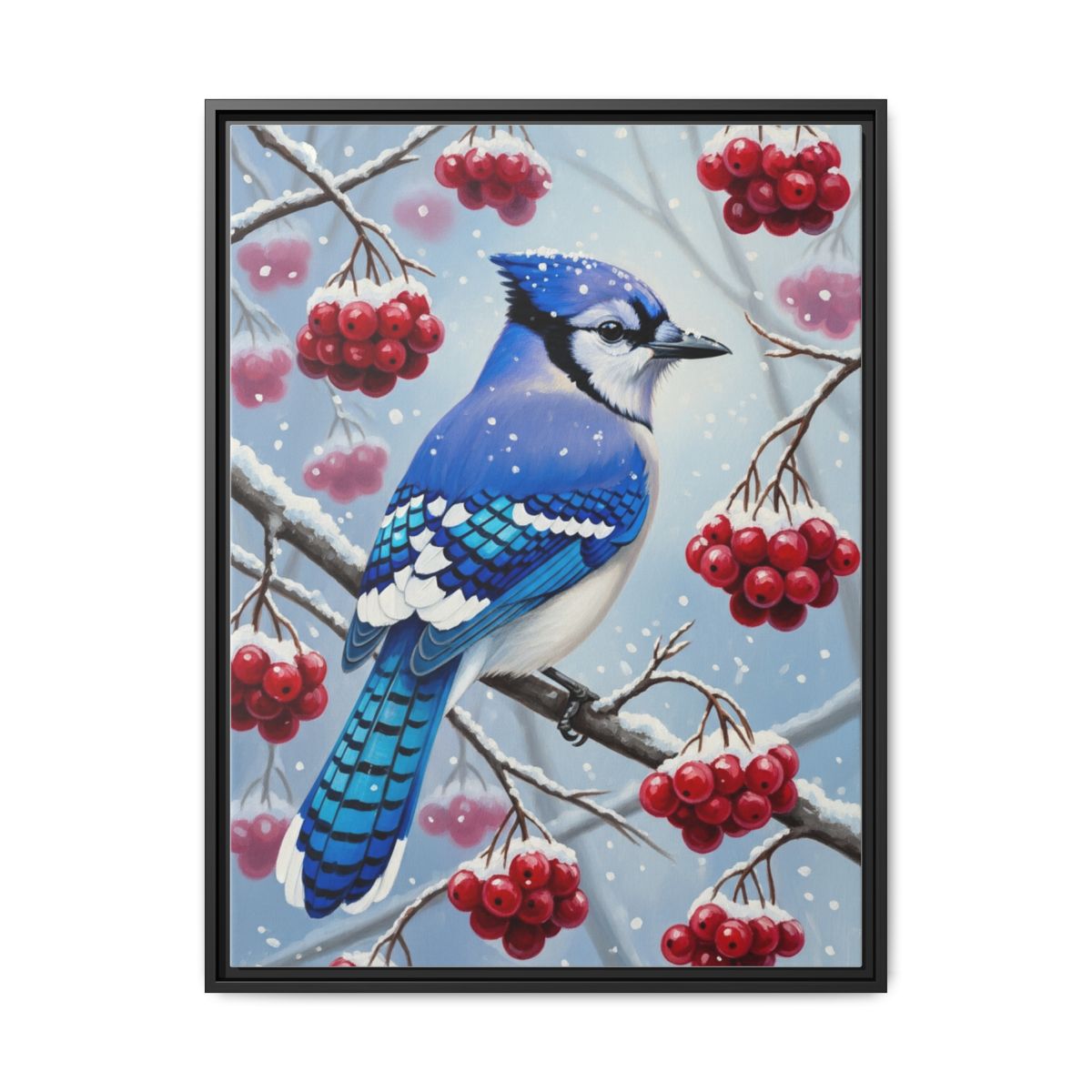 Blue jay canvas wall art with winter berries in a room setting