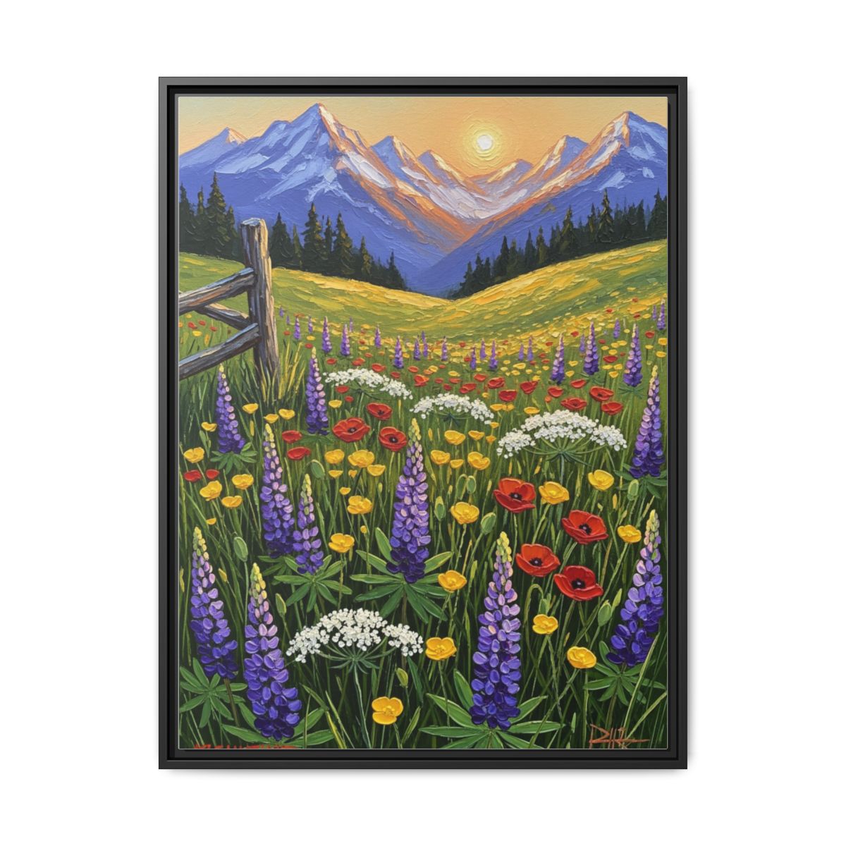 Wildflower Meadow Canvas Wall Art showing vibrant mountain landscape with wildflowers in oil painting style
