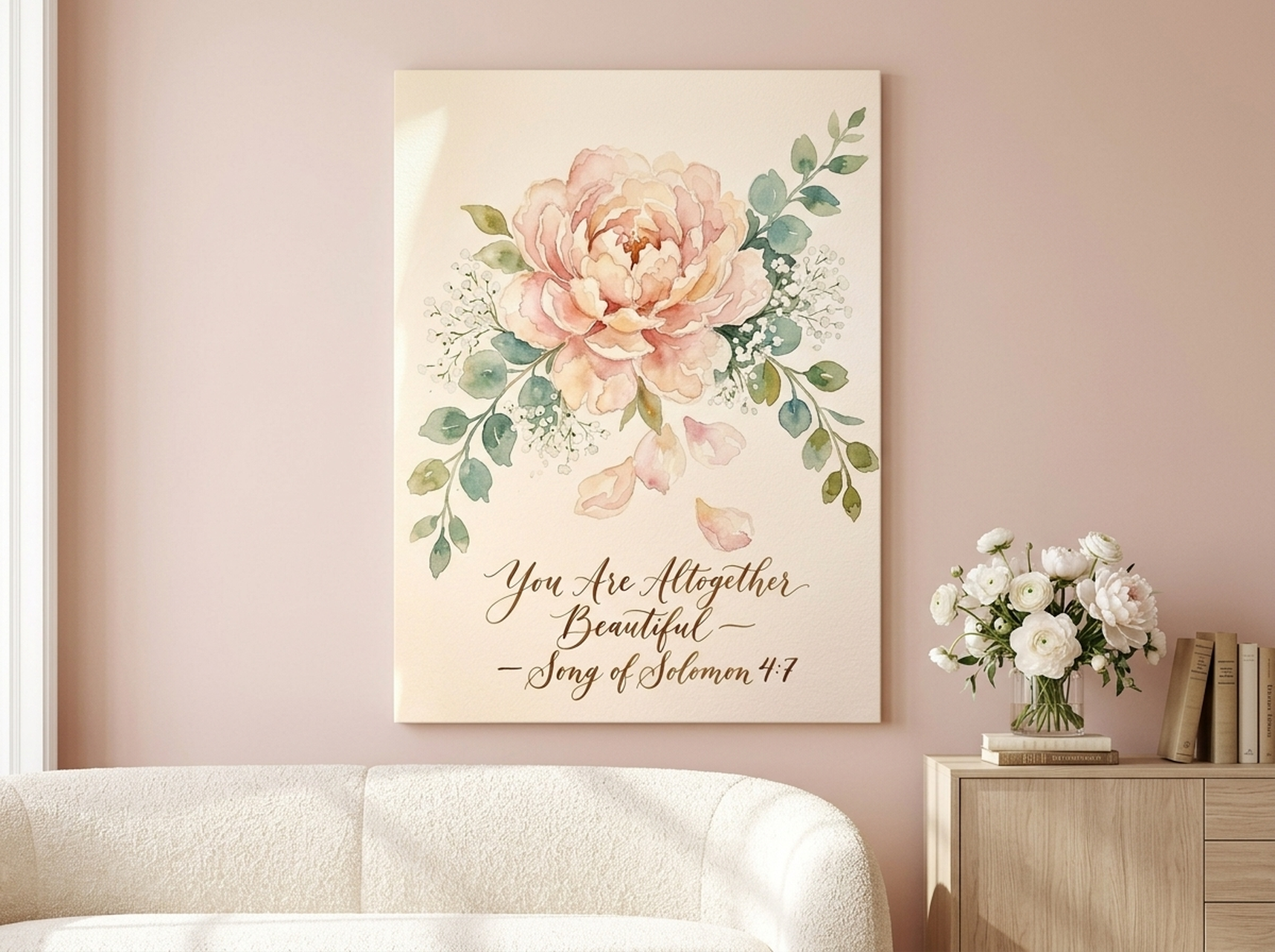Peony Scripture Canvas Wall Art - Watercolor Floral Bible Verse Wedding Gift