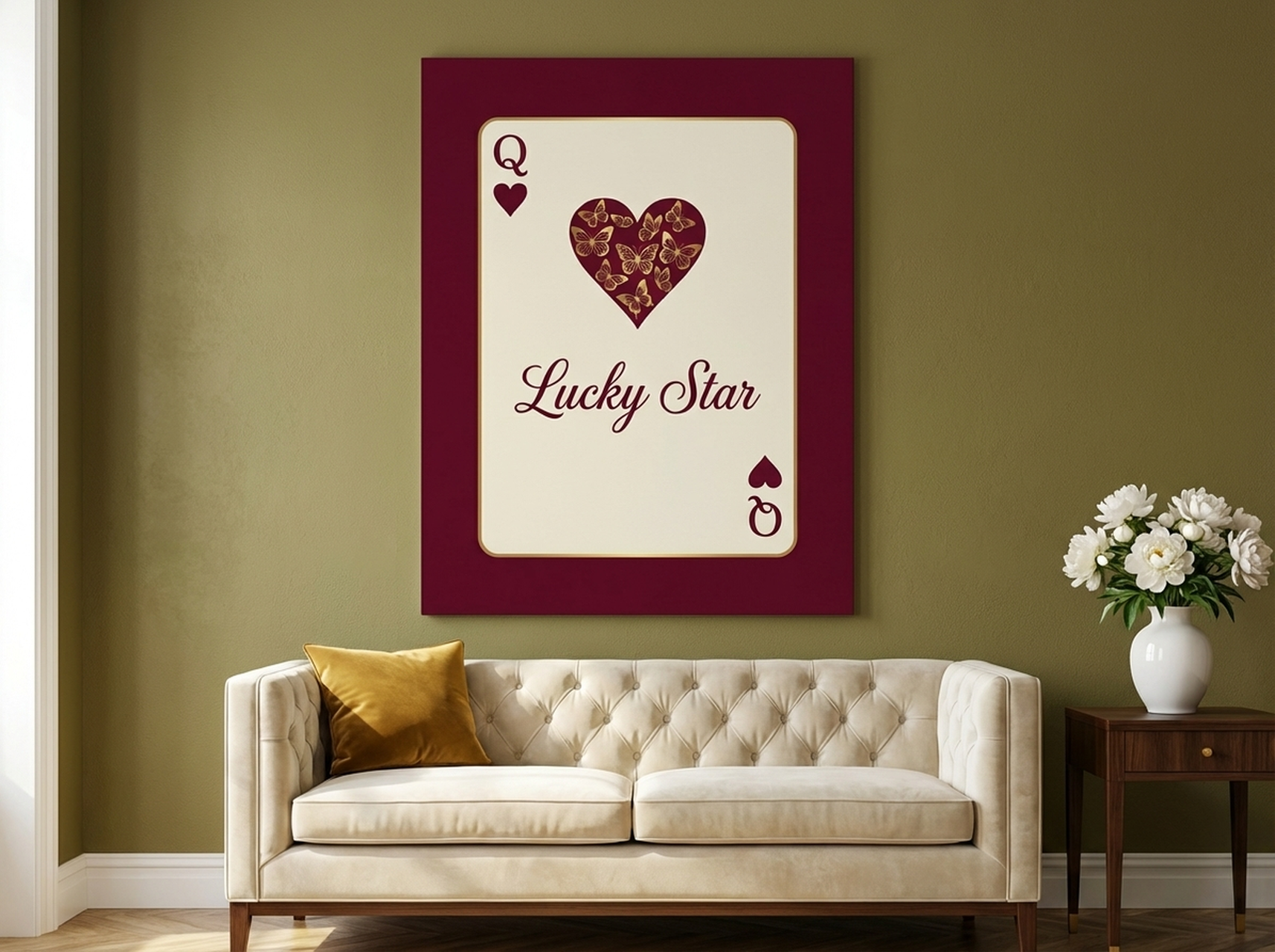 Coquette Lucky Star Playing Card Canvas Print burgundy gold butterfly art feminine bedroom wall decor