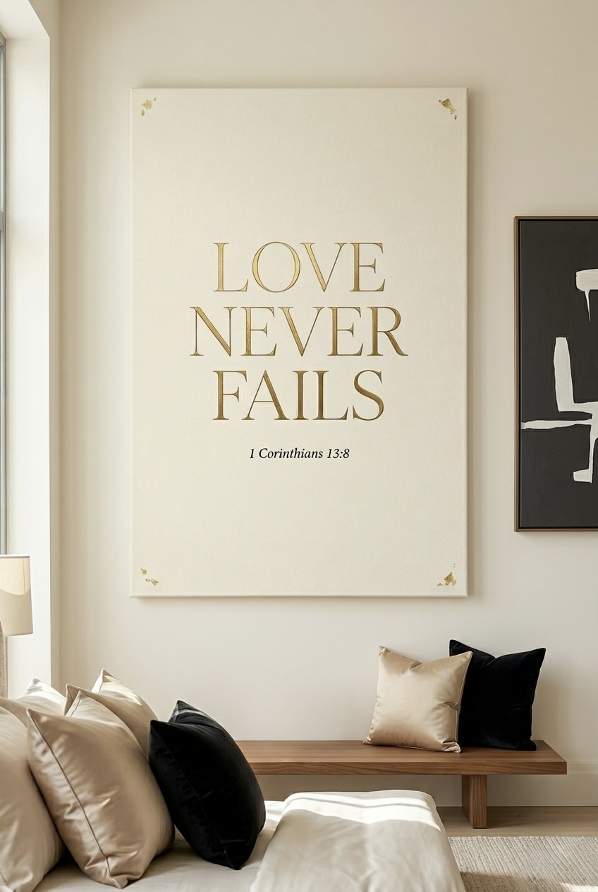 Love Never Fails 1 Corinthians 13 canvas wall art with modern typography framed print on clean background