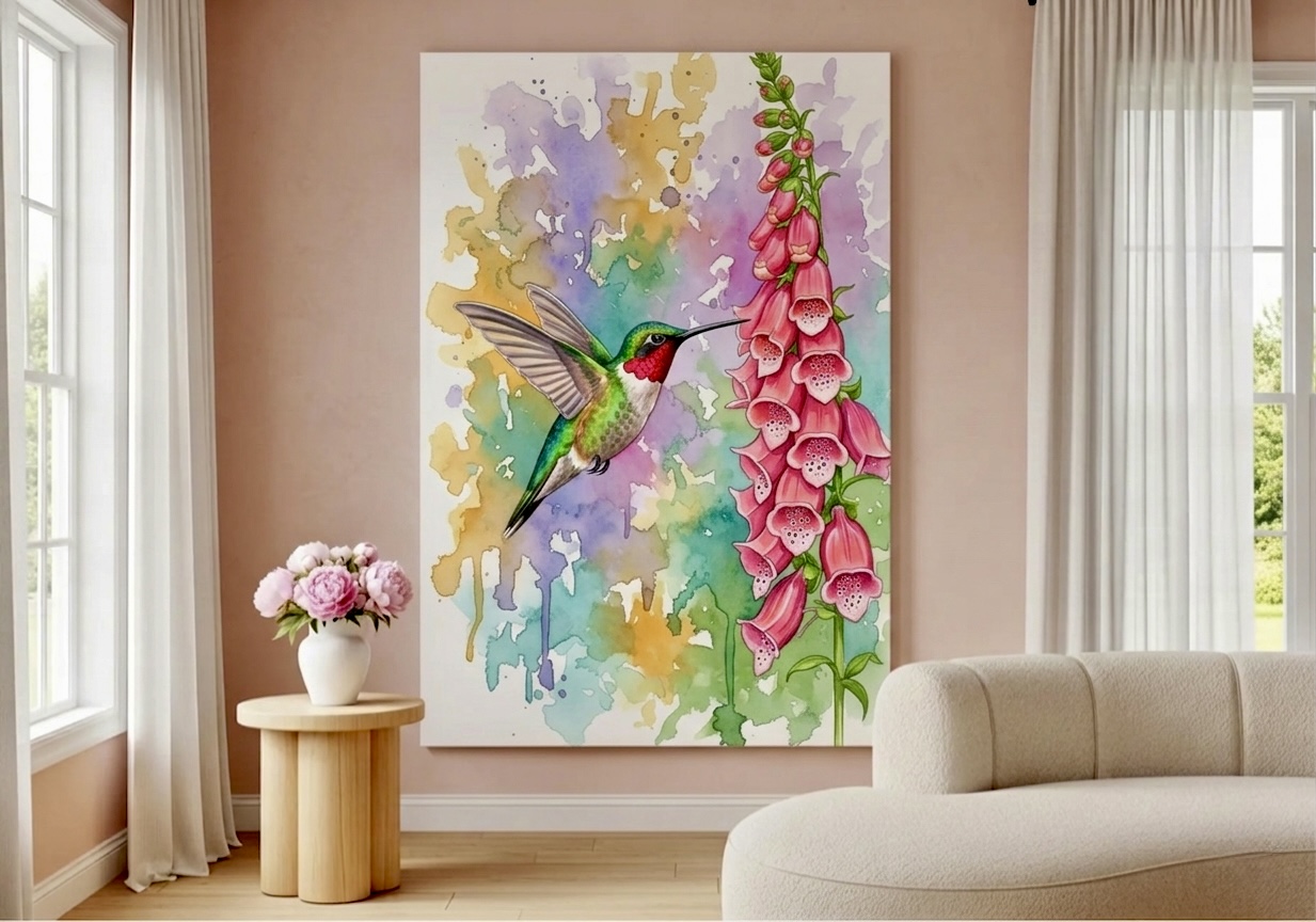 Hummingbird watercolor canvas wall art with soft botanical colors for a nursery accent wall