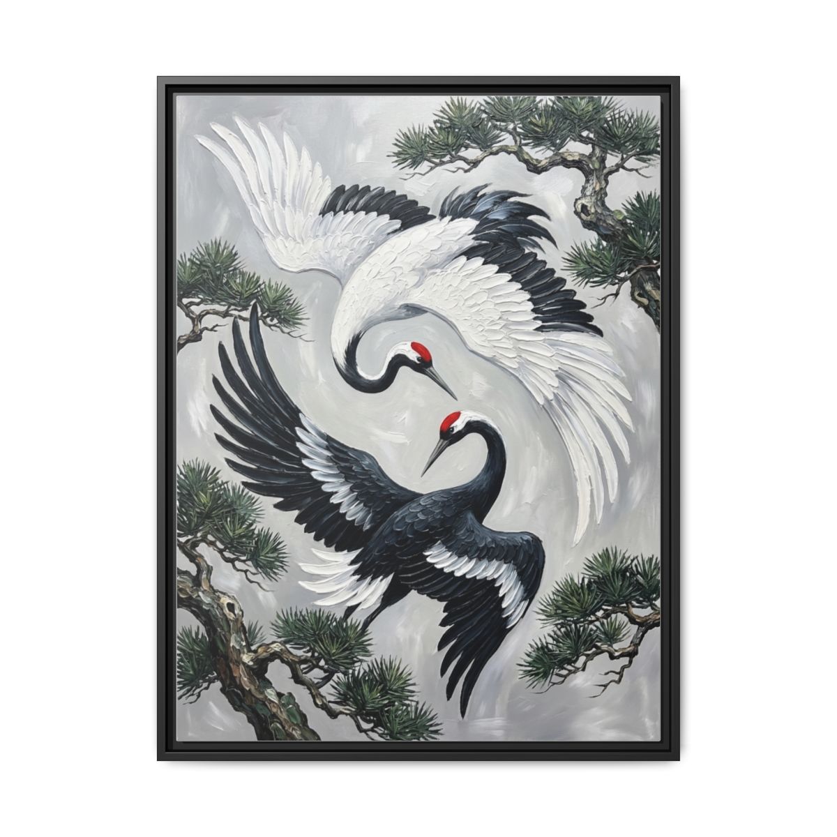 Yin yang cranes canvas wall art Japanese ink painting in a home setting