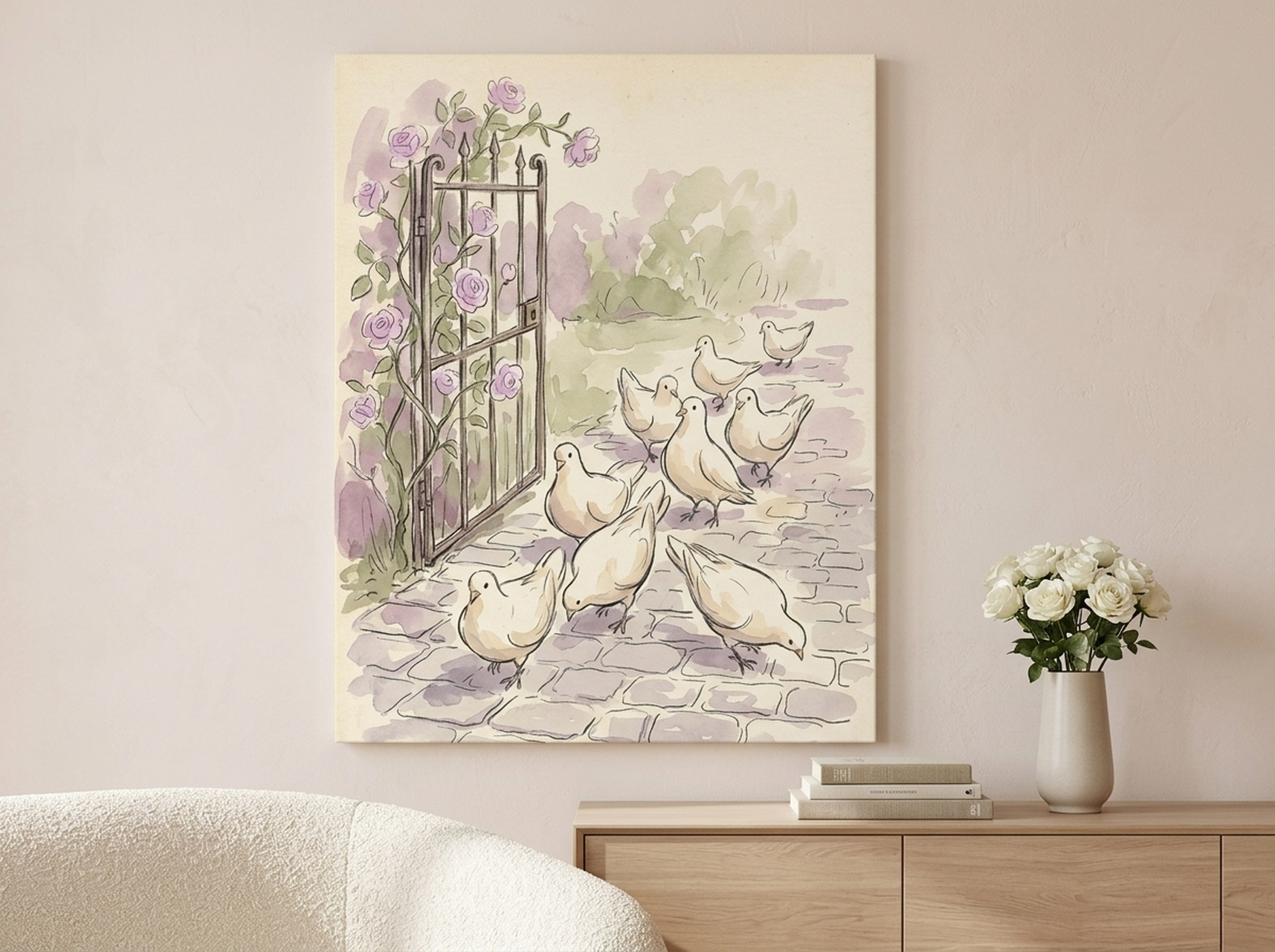 Garden doves watercolor nursery canvas wall art, soft and serene