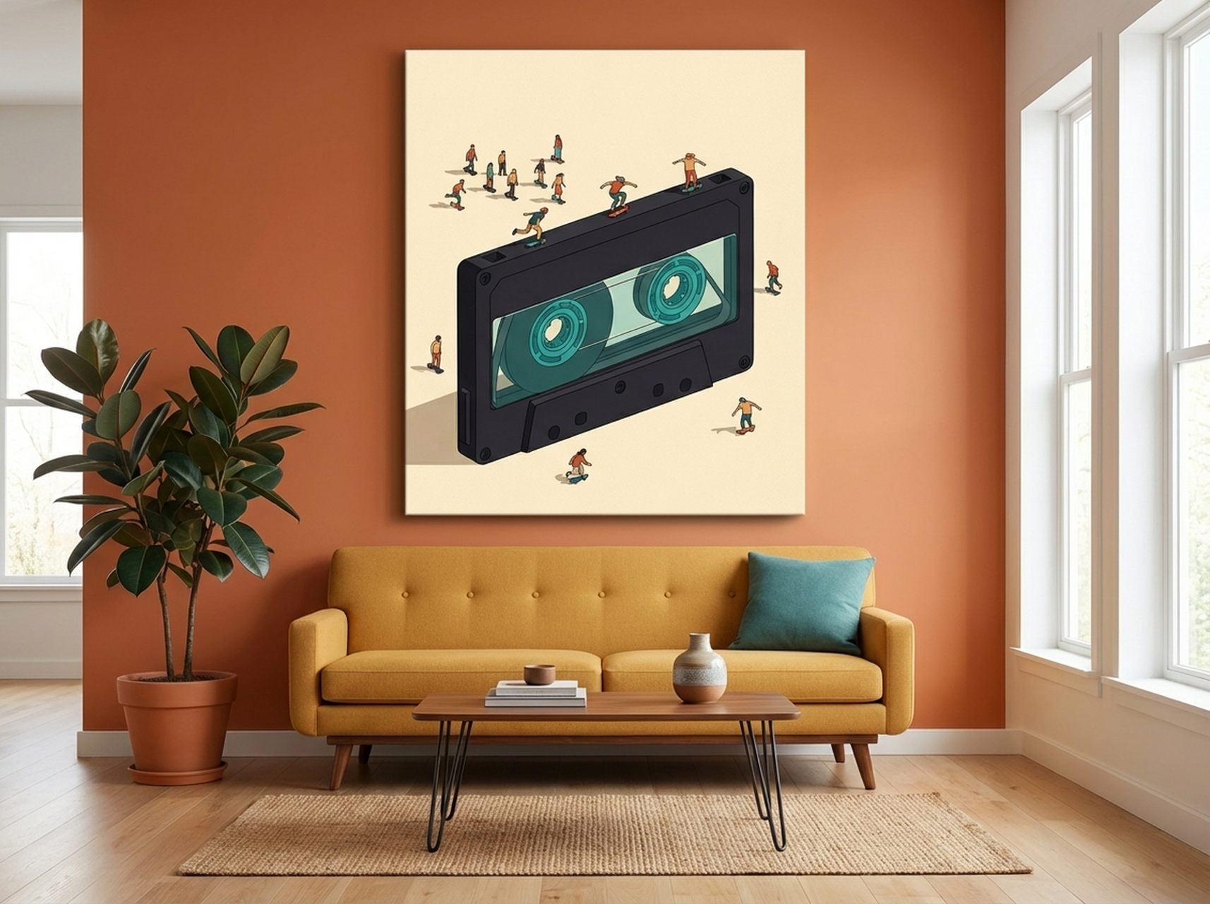 Giant Cassette Tape Retro Canvas Print - surreal Y2K wall art in charcoal teal and terracotta
